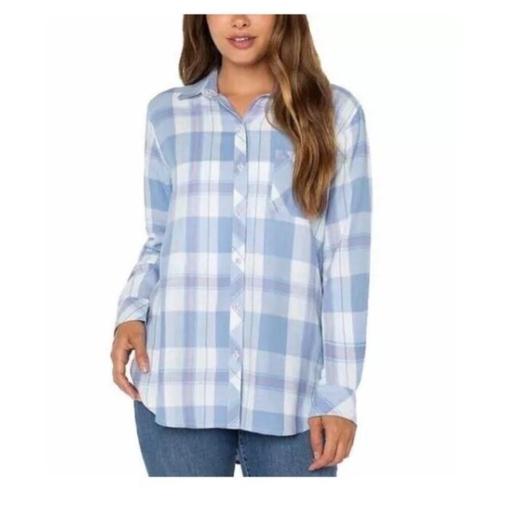Well Worn Women's Button-Up with Pocket Shirt, Blue Plaid, Size Medium O9